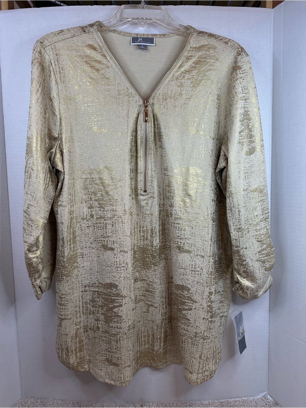 JM Collection Metallic Gold Zip-Front Tunic, NWT, Large